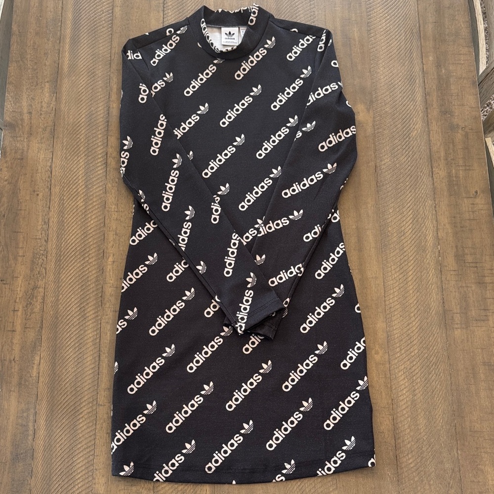 Adidas Logo Print Black Long Sleeve Dress